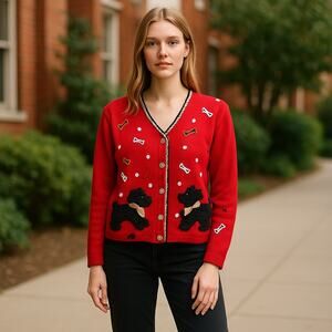 Jack B. Quick Womens Sweater Sz M Art to Wear Red Bones Black Scottie Dog‎